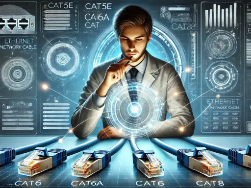 Un homme réfléchit devant un écran futuriste affichant des câbles Ethernet et leurs caractéristiques, comme le diamètre du câble RJ45.
