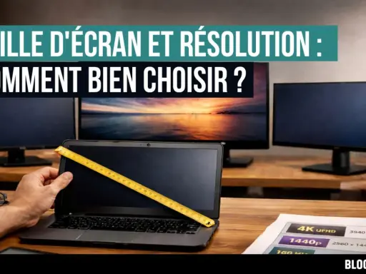 Mesure d'un écran d'ordinateur portable avec un mètre ruban, devant plusieurs moniteurs. Le texte indique "Taille d'écran et résolution : Comment bien choisir ?". Une feuille présente les différentes résolutions d'écran pc.