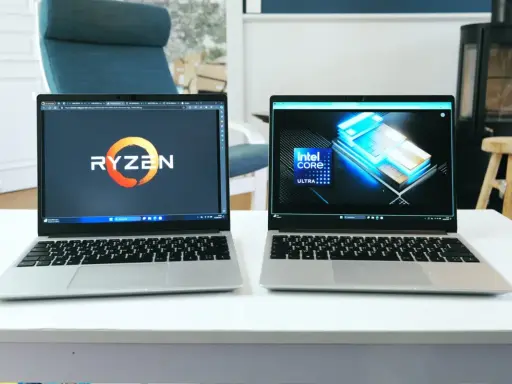 Deux ordinateurs portables côte à côte, l'un affichant le logo Ryzen, l'autre le logo Intel Core Ultra. Un **framework computer** pour chaque processeur.