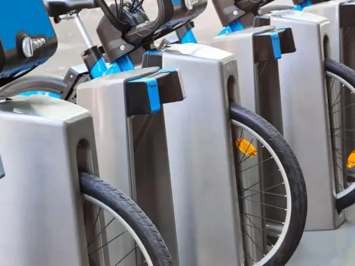 Des vélos bleus et gris sont rangés, prêts à recharger sur une borne auto.