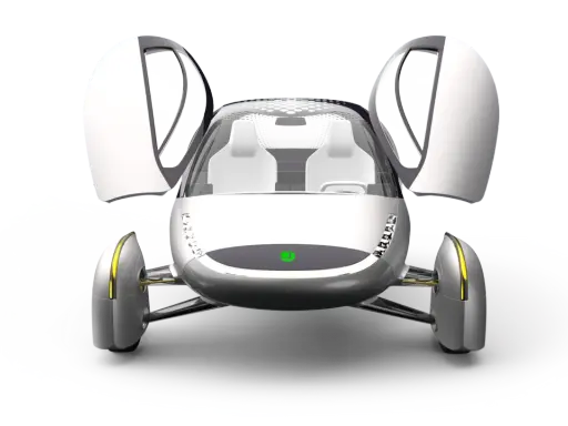 Concept de voiture électrique futuriste avec portes papillon ouvertes. Imaginez un voyage de 1600 km sans recharge !