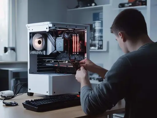Un jeune homme assemble un PC, connectant la carte graphique et le processeur.
