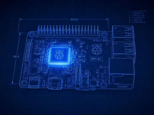 Schéma technique d'un Raspberry Pi 6, illuminé en bleu sur fond de grille. Les dimensions et les spécifications sont indiquées.