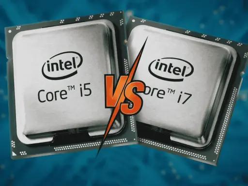 Deux processeurs Intel Core i5 et i7, symboles de la puissance d'un cpu ordi, s'affrontent sur fond bleu circuit imprimé.