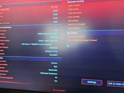 Écran affichant les performances d'un PC avec un processeur AMD Ryzen 7 7800X3D, une carte graphique NVIDIA RTX 4090, et les paramètres de jeu.