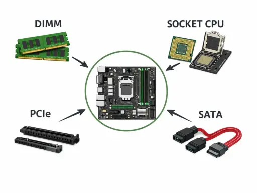 Composants d'un PC : carte mère, RAM (DIMM), processeur (Socket CPU), cartes d'extension (PCIe) et câbles de stockage (SATA). La taille carte mere est centrale.