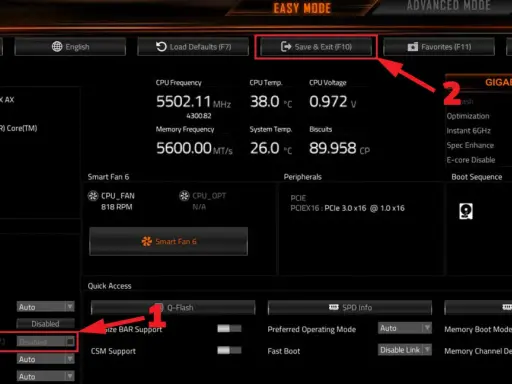 Interface des **bios MSI** GIGABYTE : mode facile, informations système, ventilateurs, et options de démarrage.