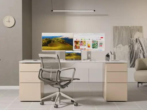 Bureau moderne avec un **écran ergonomique** double, une chaise confortable et une plante verte.