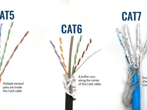 Comparaison des câbles réseau : Cat5 avec paires torsadées, Cat6 avec un séparateur central, et Cat7 avec blindage individuel. Une illustration de la catégorie cable rj45.