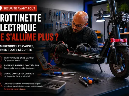 Un technicien vérifie le fusible d'une trottinette électrique Urban Glide qui ne s'allume plus. Outils et multimètre à proximité.