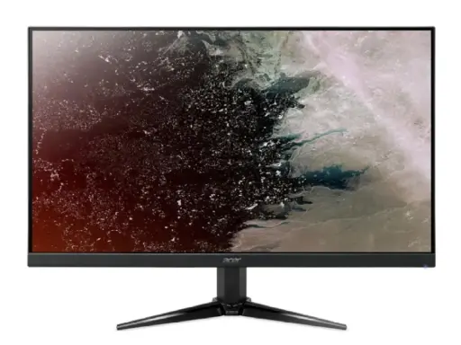 Écran Acer 24 pouces affichant une image abstraite aux teintes sombres et claires, évoquant une nébuleuse ou une carte terrestre vue du ciel.
