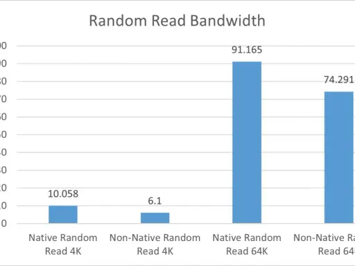 Graphique comparant la vitesse SSD en lecture aléatoire 4K et 64K. Les performances natives sont bien supérieures.