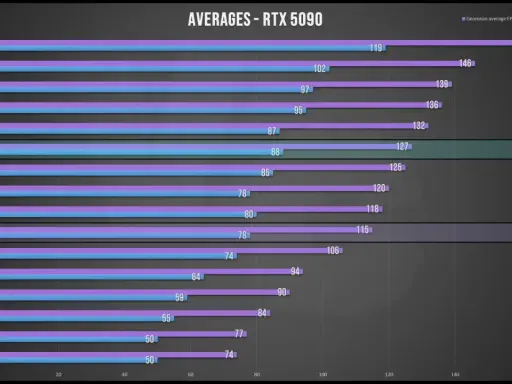 Graphique comparant les performances de plusieurs processeurs en gaming avec une RTX 5090. Le benchmark processeur gaming montre des moyennes et des 1er centiles de FPS.