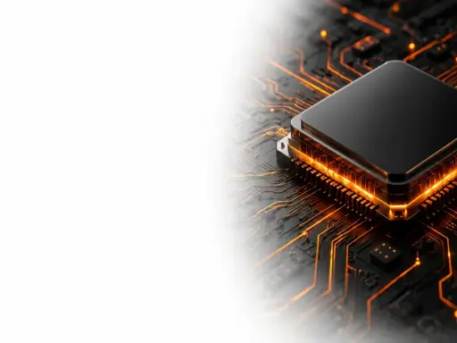 Un processeur noir sur une carte mère aux circuits lumineux orange. La vitesse de ces circuits, mesurée en GHz, détermine la puissance de calcul.