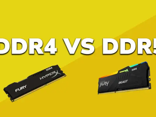 Comparaison DDR4 vs DDR5. Deux barrettes de RAM, une DDR4 HyperX FURY et une DDR5 Kingston FURY Beast, sur fond jaune. La fréquence RAM est un facteur clé.