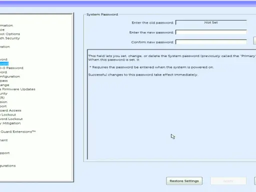 Interface BIOS pour changer le mot de passe système. Permet de réinitialiser le mot de passe.