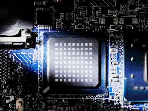 Gros plan sur un processeur d'ordinateur, montrant sa grille de contacts et les circuits imprimés environnants. Le nombre de cœurs du processeur est caché sous cette surface complexe.
