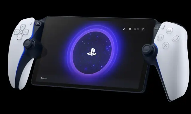 PlayStation Portal avec manettes DualSense attachées, affichant le logo PlayStation sur fond étoilé.