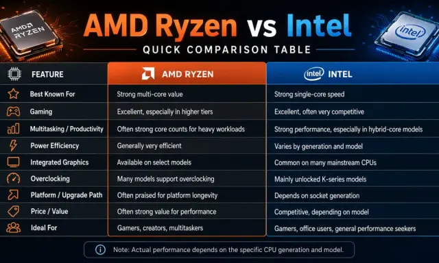 Tableau comparatif AMD Ryzen vs Intel. Le Ryzen excelle en multi-cœurs, l'Intel en mono-cœur. Un équivalent AMD Ryzen pour Intel est souvent recherché pour le gaming et la productivité.