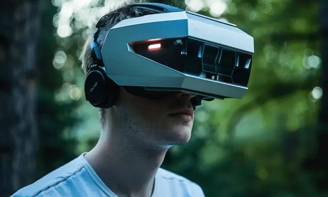 Un homme porte un casque de réalité virtuelle futuriste, peut-être un prototype de meta quest 4, dans un décor naturel verdoyant.