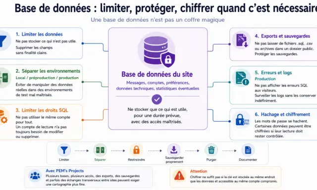 Schéma expliquant la sécurisation d'une base de données : limiter, séparer, restreindre, sauvegarder, purger, documenter. Le **serveur de sauvegarde** est un élément clé.
