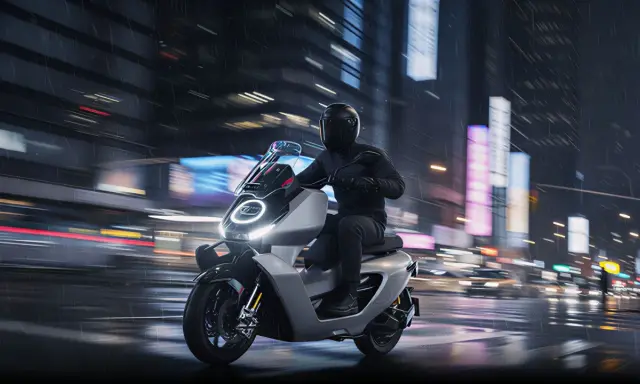 Un motard en casque noir file sur une trottinette électrique futuriste sous une pluie battante, les lumières de la ville floues en arrière-plan.