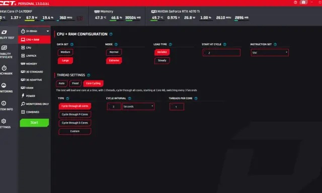 Configuration d'un test de stress CPU + RAM, avec options pour le jeu de données, le mode, le type de charge, et les paramètres de thread pour évaluer la performance.