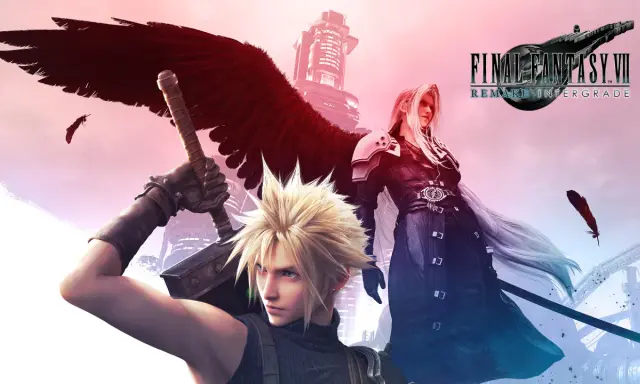 Cloud et Sephiroth, héros emblématiques de Final Fantasy VII, se font face sous une aile rouge menaçante.