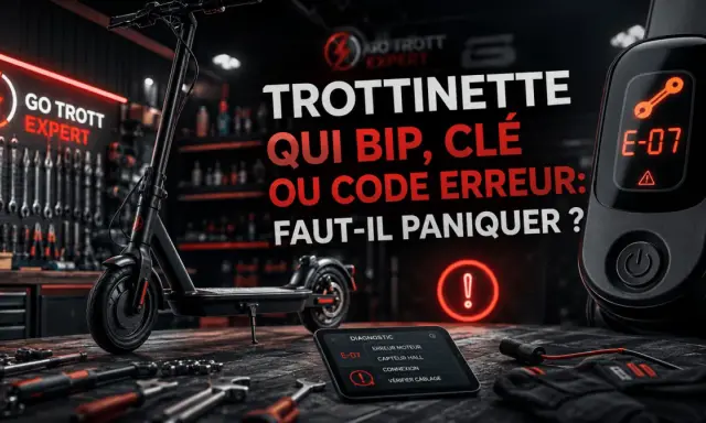 Une trottinette électrique en atelier, affichant le code erreur E-07 sur son écran. Un diagnostic est visible sur une tablette.