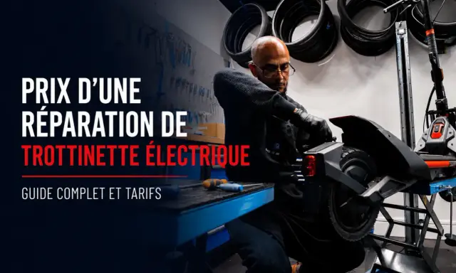 Un technicien répare une trottinette électrique. Le texte indique "Prix d'une réparation de trottinette électrique".