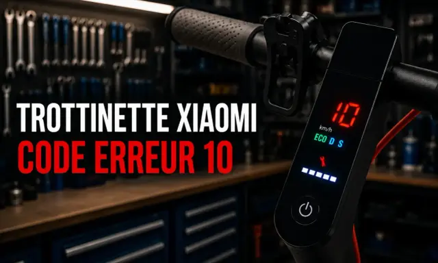 Trottinette Xiaomi avec code erreur E10 affiché sur l'écran. L'atelier de réparation est visible en arrière-plan.