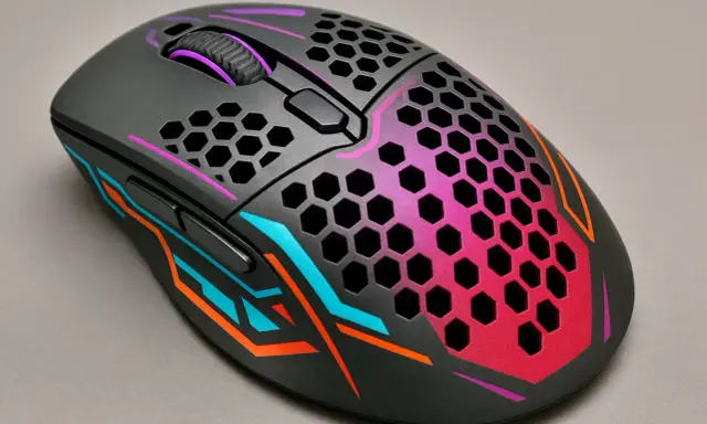 Souris gamer noire avec motifs hexagonaux et dégradé rose/violet. Idéale pour savoir comment choisir sa souris gamer.
