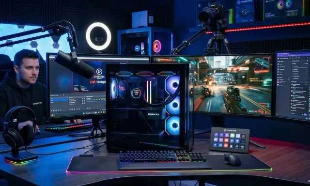 Un setup de streaming avec PC gamer puissant, plusieurs écrans, micro, caméra et Stream Deck. La configuration minimum PC streaming est prête pour l'action.