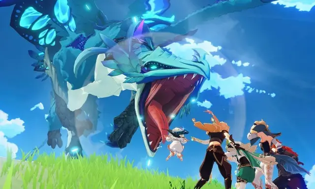 Des personnages affrontent un dragon bleuoyant dans ce jeu mobile gratuit. Une scène épique qui prouve que les meilleurs jeux mobile gratuit sont pleins d'action !