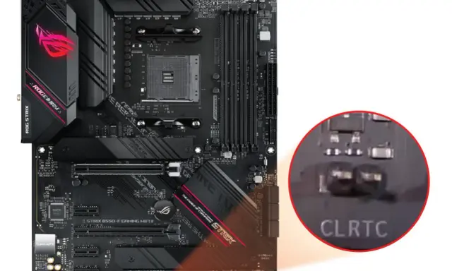 Carte mère ASUS ROG STRIX avec jumpers CLRTC pour réinitialiser le CMOS.