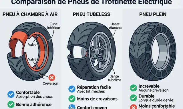 Comparaison de pneus de trottinette : pneu à chambre à air, tubeless et plein. Le pneu plein est increvable, durable, mais moins confortable. Comment monter un pneu plein sur une trottinette électrique ?
