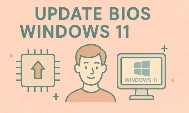 Illustration pour la mise à jour BIOS Windows 11 : un processeur avec une flèche montante, un homme souriant et un écran d'ordinateur affichant le logo Windows 11.
