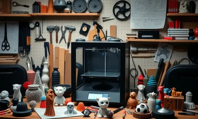 Un atelier rempli d'outils et d'objets imprimés en 3D, avec une imprimante au centre. Idéal pour savoir comment choisir une imprimante 3d.