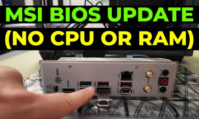 Mise à jour du BIOS MSI sans CPU ni RAM. Une main pointe le bouton "Flash BIOS" sur la carte mère.