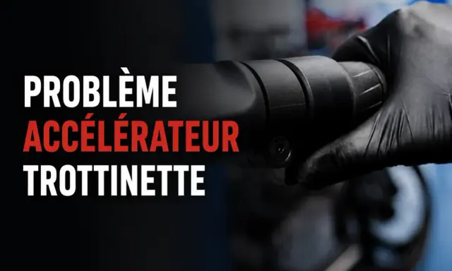 Main noire tenant la poignée d'une trottinette électrique, texte "Problème accélérateur trottinette".