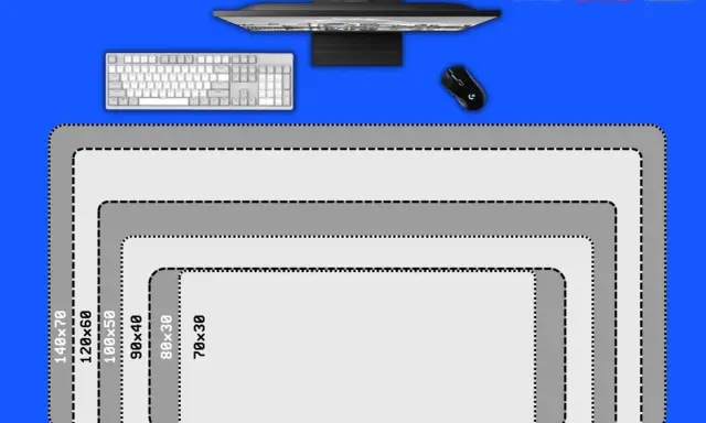 Guide pour choisir son tapis de souris : un bureau avec écran, clavier et souris, et des tapis de différentes tailles pour vous aider à décider.