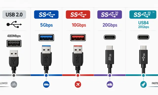 Comparaison des normes USB : USB 2.0 (480 Mbps), USB 3.0 (5 Gbps), USB 3.1 (10 Gbps), USB 3.2 (20 Gbps) et USB4 (20 Gbps). Le port USB Type A est visible pour les premières normes.