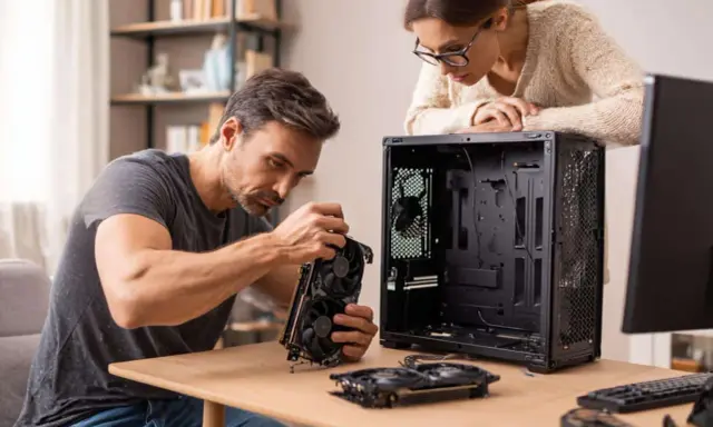 Un homme et une femme assemblent un PC. Il tient une carte graphique, un élément clé pour savoir comment choisir sa carte graphique.