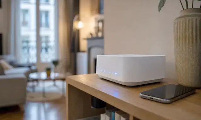 Routeur blanc moderne avec lumières bleues, offrant une connexion wifi ac stable pour un intérieur cosy. Un smartphone est posé à côté.
