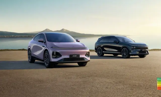 Deux voitures électriques, une rose et une noire, stationnées au bord de l'eau. Le modèle rose, un x peng, est plus proche.