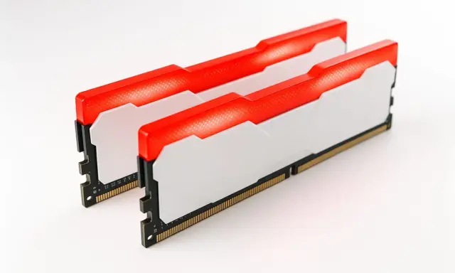 Deux barrettes de RAM pour PC portable, blanches avec un éclairage LED rouge vif. Idéal pour ajouter de la performance.