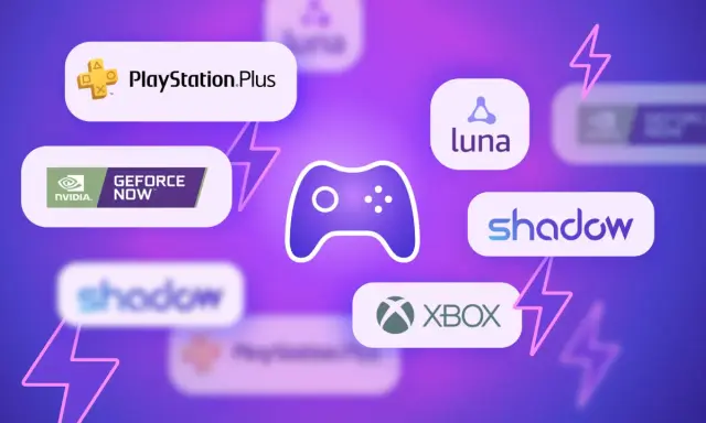 Icônes de services de jeu en nuage : PlayStation Plus, GeForce Now, Luna, Shadow, et Xbox. Le jeu en nuage, comme avec Xbox, révolutionne le gaming.