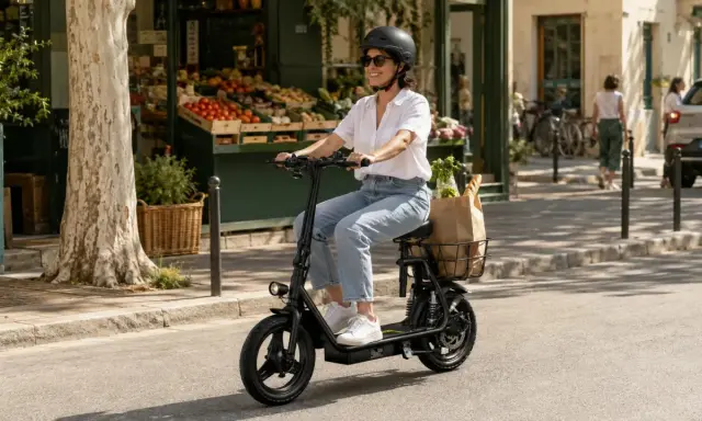 Une femme souriante fait une course de trottinette électrique, son panier rempli de courses.