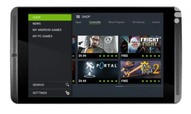 L'écran du Nvidia Shield Tablet affiche le magasin de jeux avec des titres comme Half-Life et Portal.