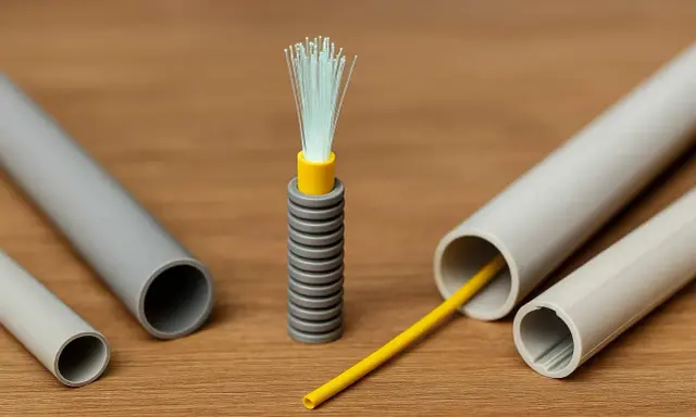 Le câble à fibre optique, prêt à être installé dans la maison, avec des gaines grises et un fil jaune.